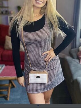 Plaid Scoop Neck Mini Dress in Black and Pink